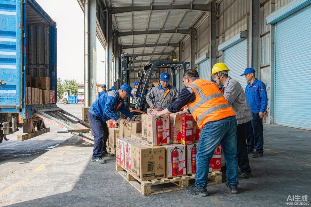 Loading packaged fire extinguishers for shipment